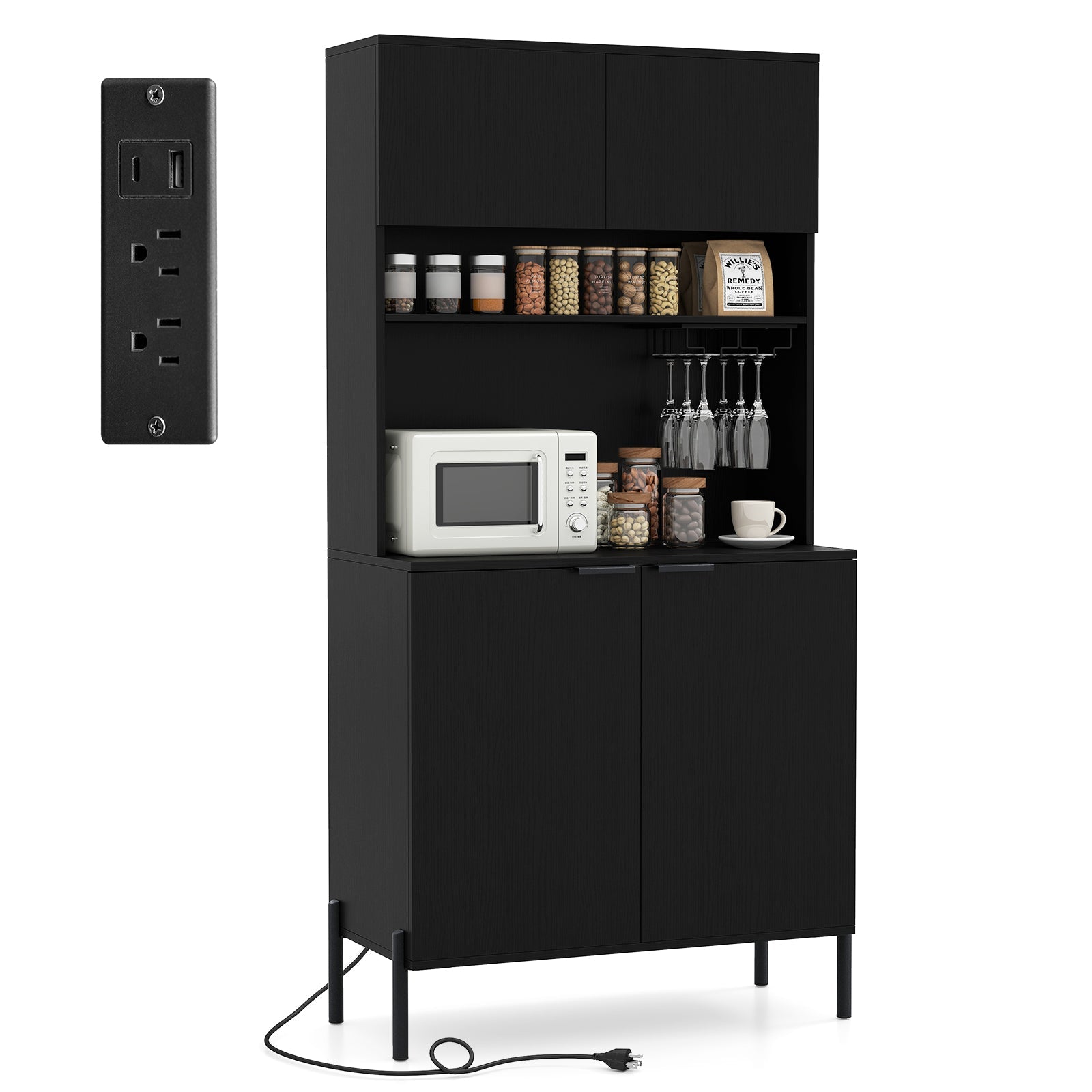 64.5 Inches Tall Kitchen Pantry Cabinet with Charging Station and Wine Glass Rack