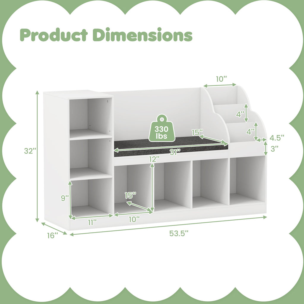 Kids Bookcase with Reading Nook 3-in-1 Standing Toy Organizer-White