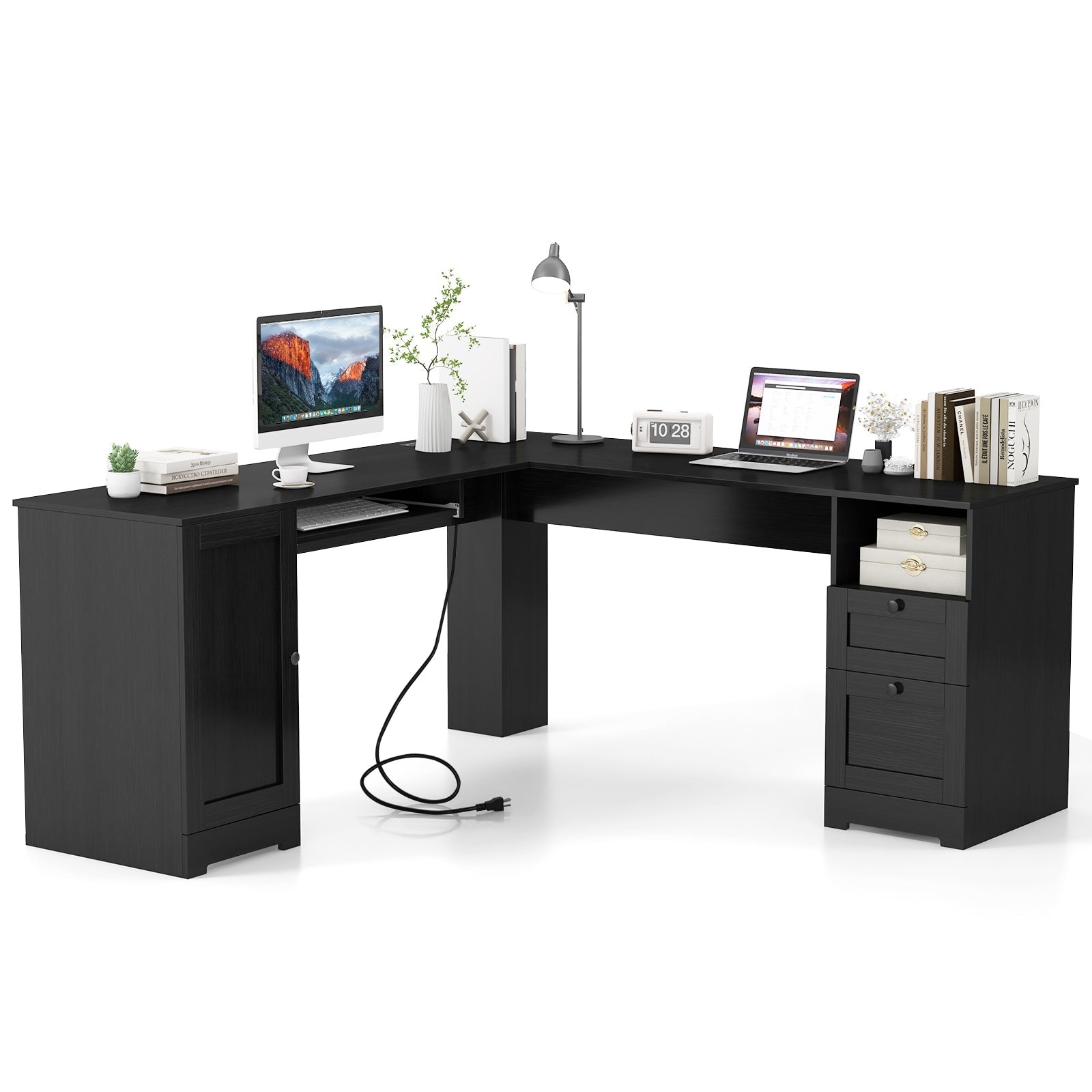 66 Inch L-Shaped Writing Study Workstation Computer Desk with Drawers