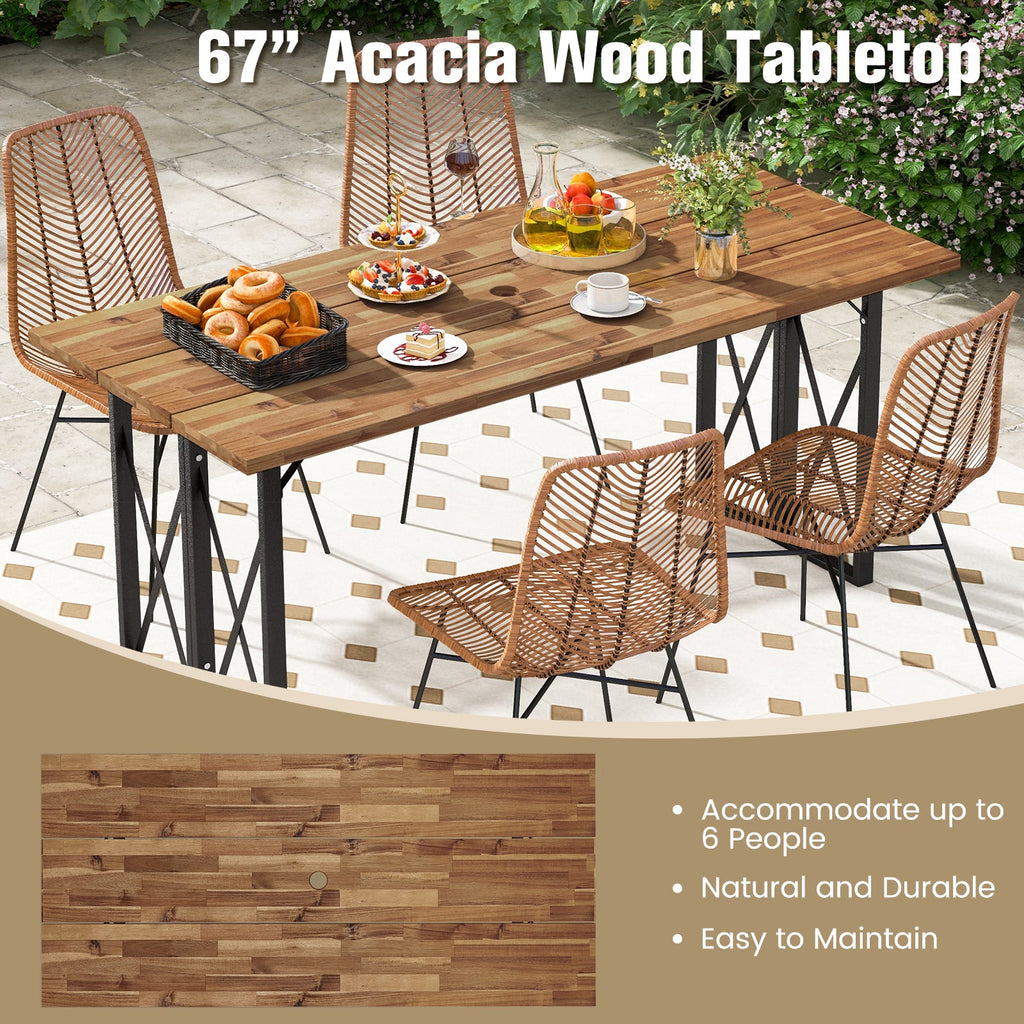 67 Inch Patio Rectangle Acacia Wood Dining Table with Umbrella Hole