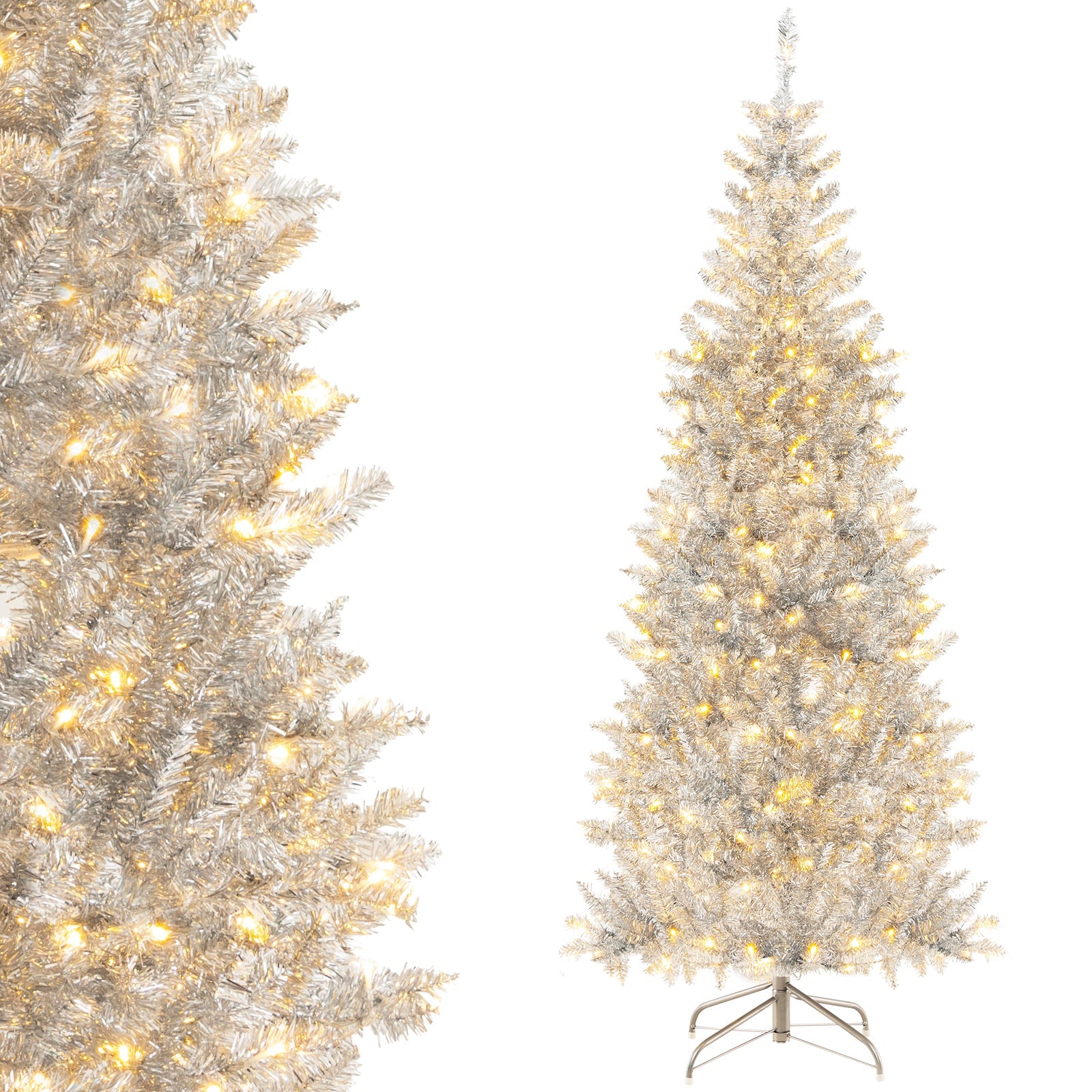 6/7 FT Pre-Lit Artificial Silver Tinsel Xmas Tree with 790 Branch Tips and 300 LED Lights