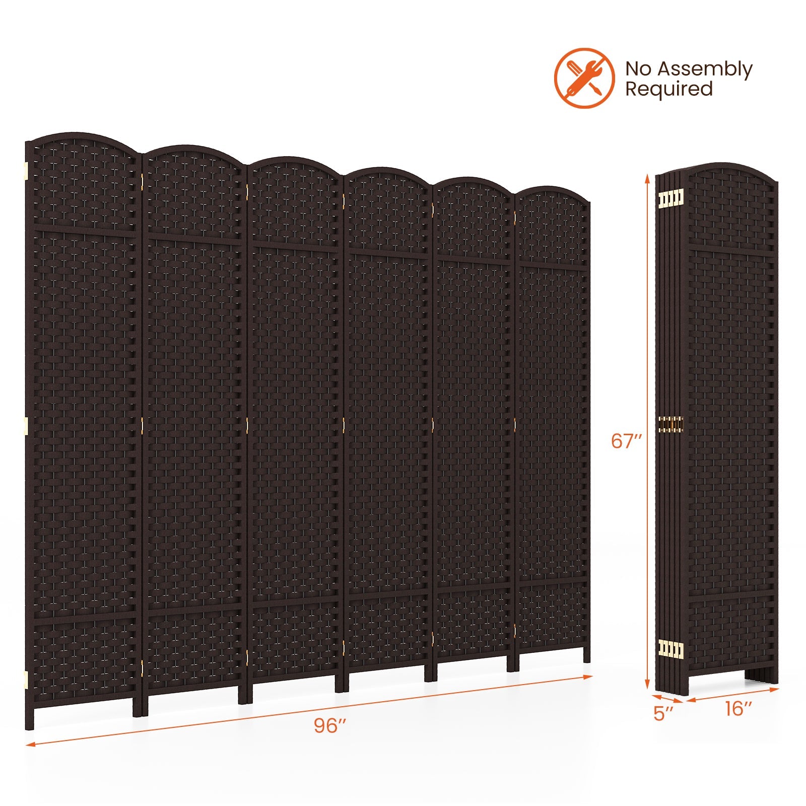 6-Panel Room Divider 5.6 FT Tall Folding Privacy Screen with Hand-woven Texture