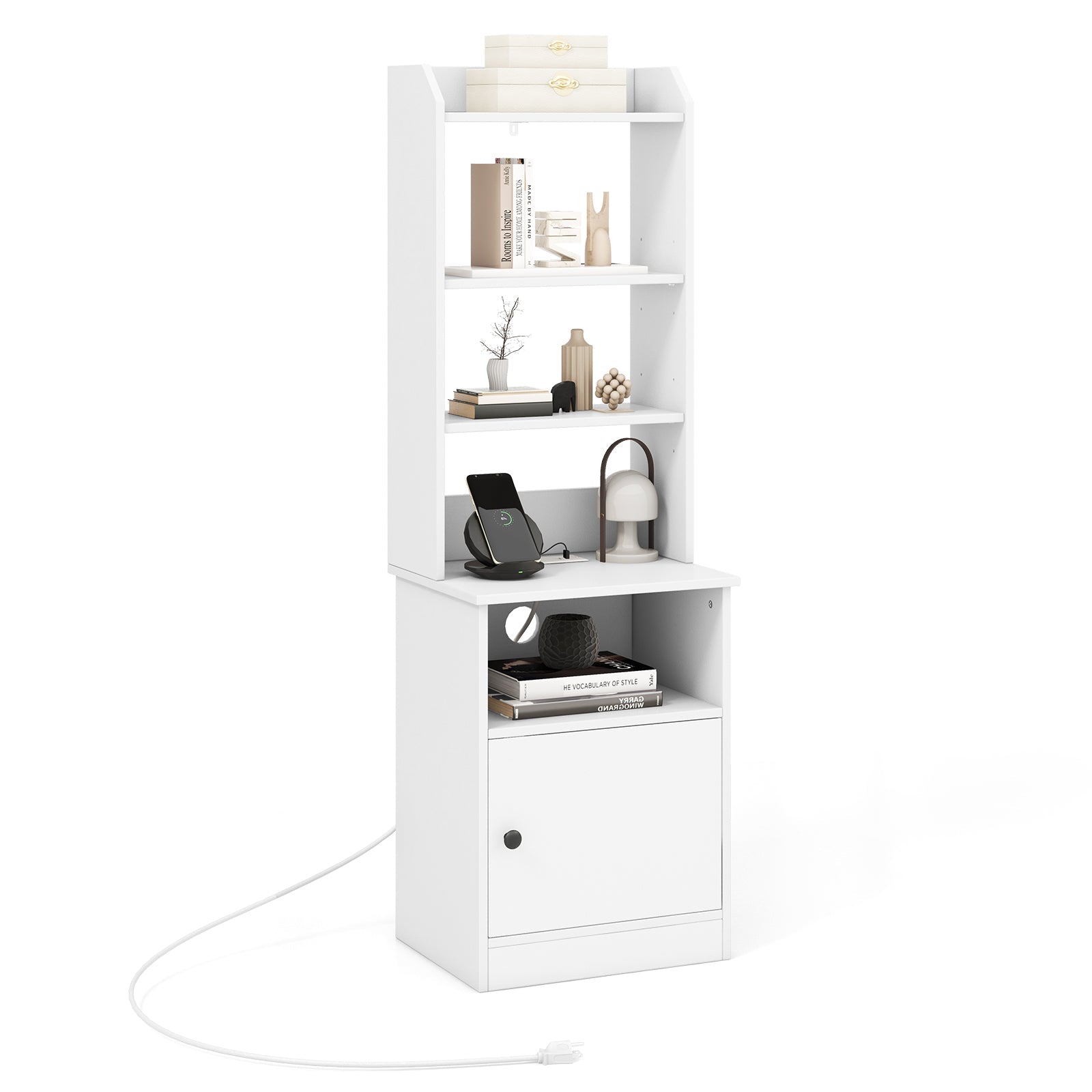 6-Tier Bookshelf Nightstand with Charging Station and Cabinet