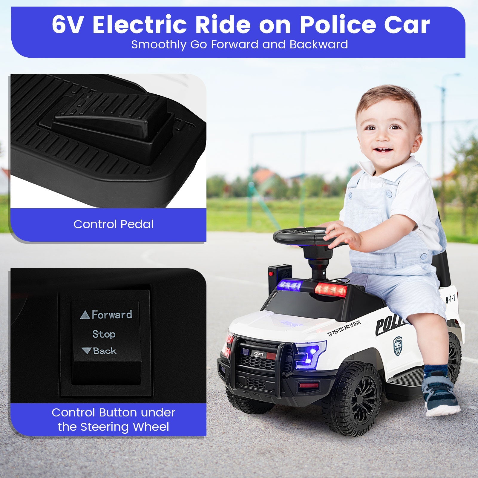 6V Kids Ride On Police Car with Real Megaphone and Siren Flashing Lights