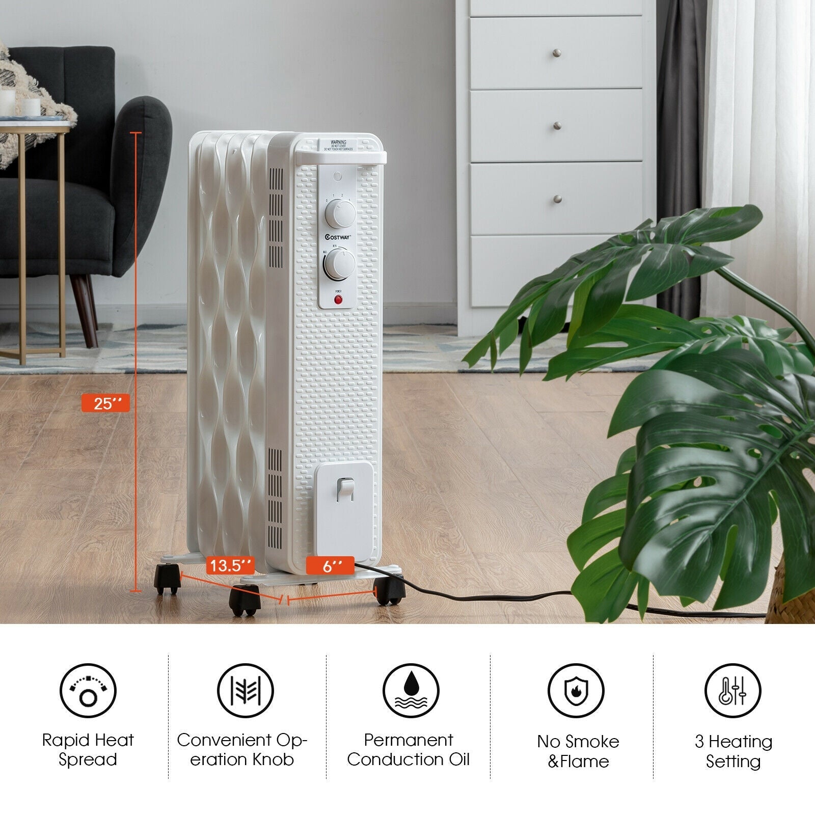 1500 W Oil-Filled Heater Portable Radiator Space Heater with Adjustable Thermostat