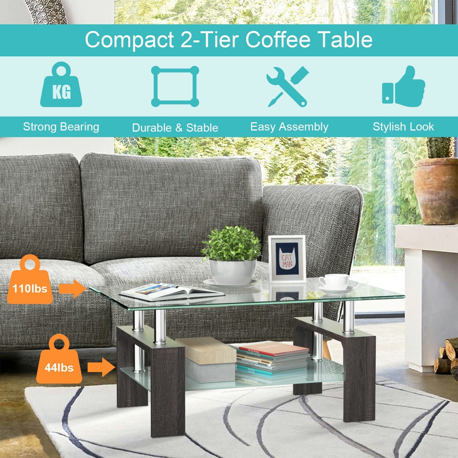 Rectangular Tempered Glass Coffee Table with Shelf