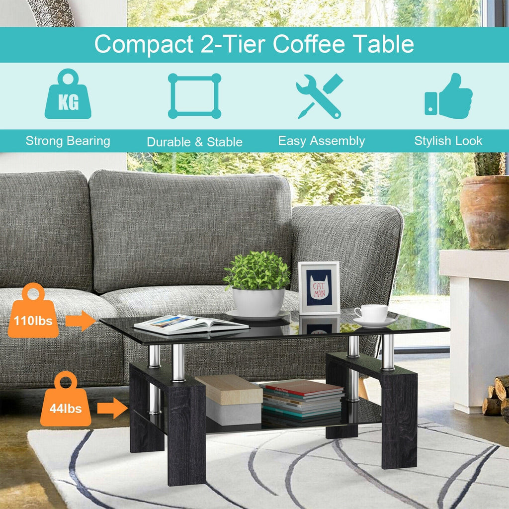 Rectangular Tempered Glass Coffee Table with Shelf