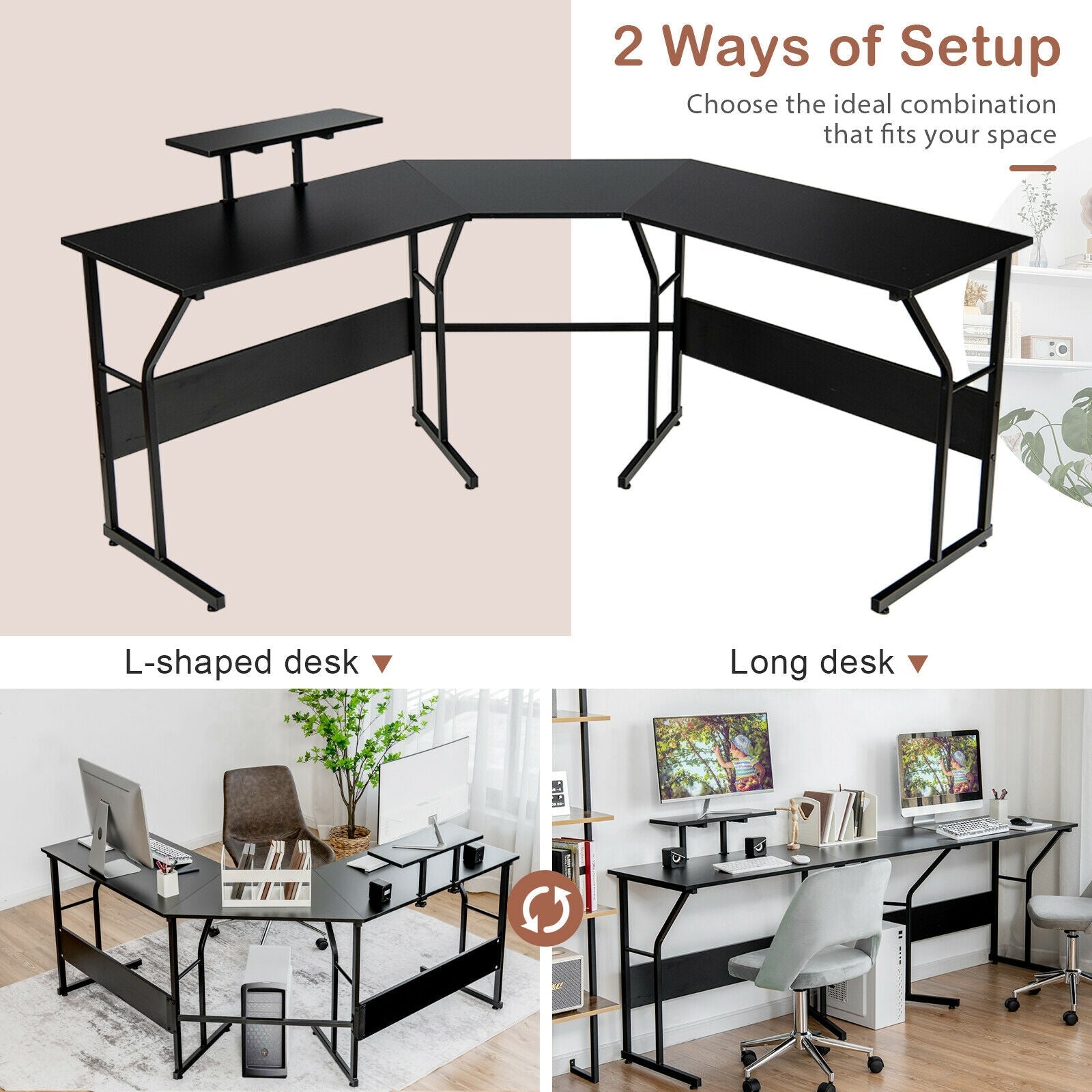 88.5 Inch L Shaped Reversible Computer Desk Table with Monitor Stand