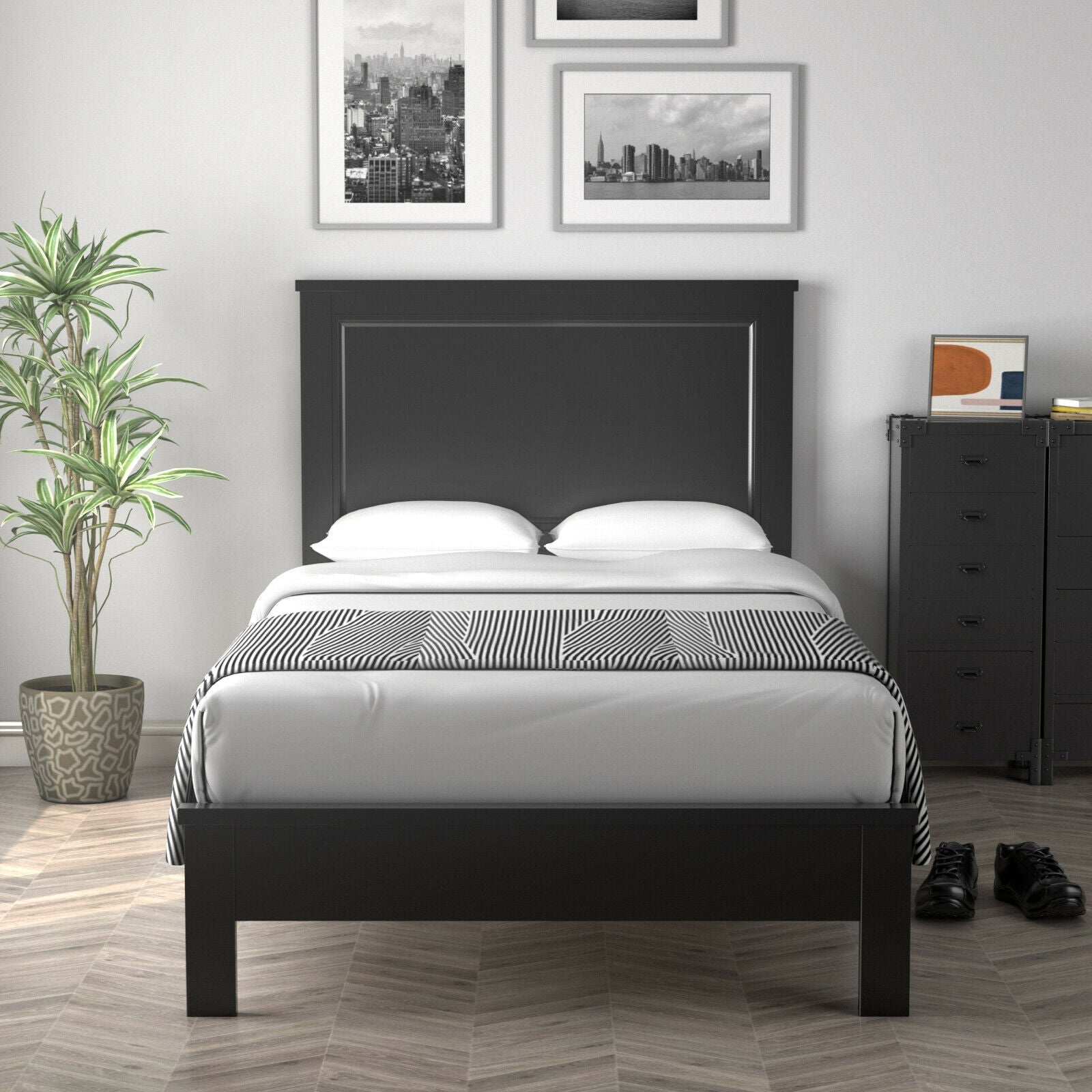 Twin Size Platform Bed Frame with Rubber Wood Leg-Black