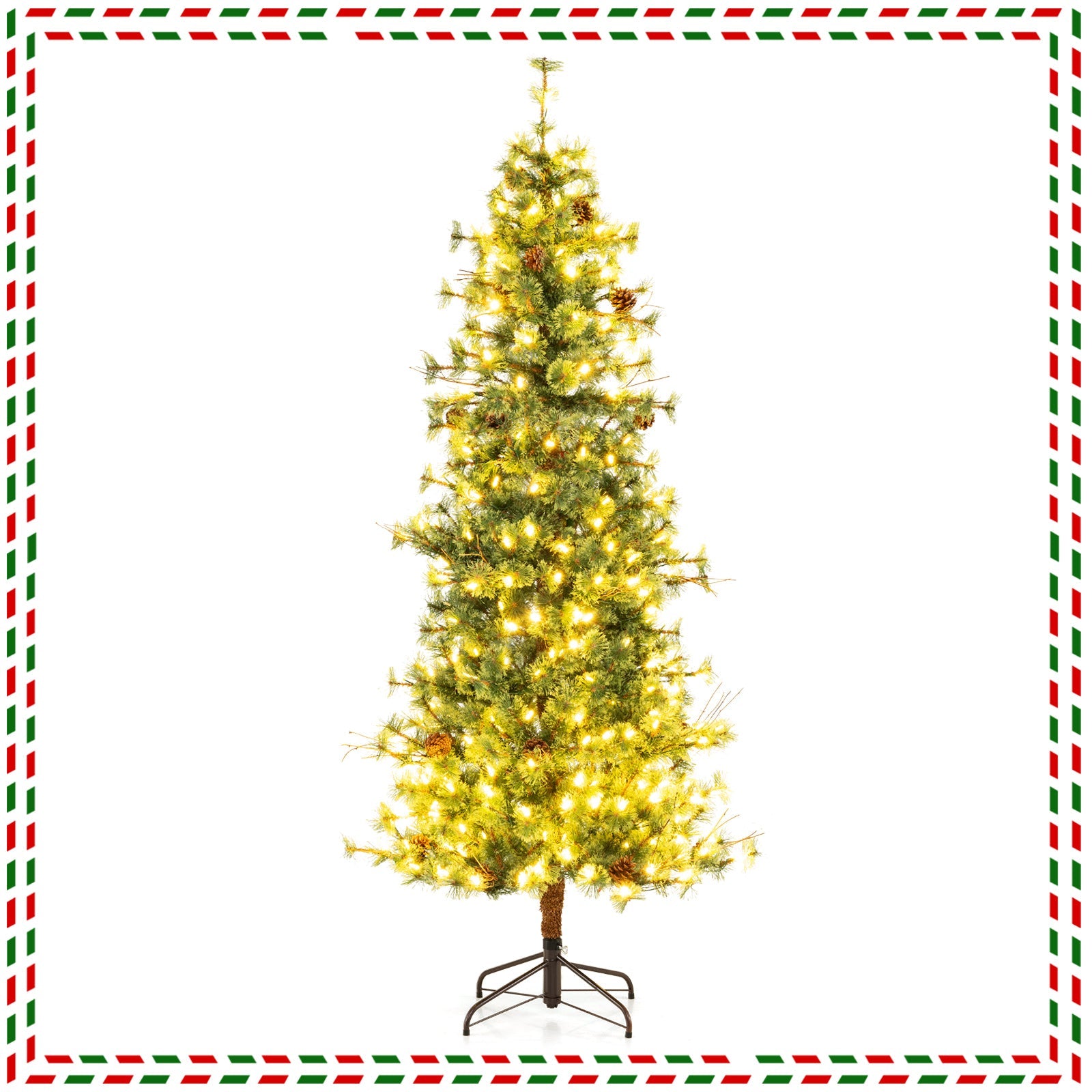 6/7/8 Feet Artificial Christmas Tree Pre-lit Hinged Xmas Tree with Warm White LED Lights and Pine Cones