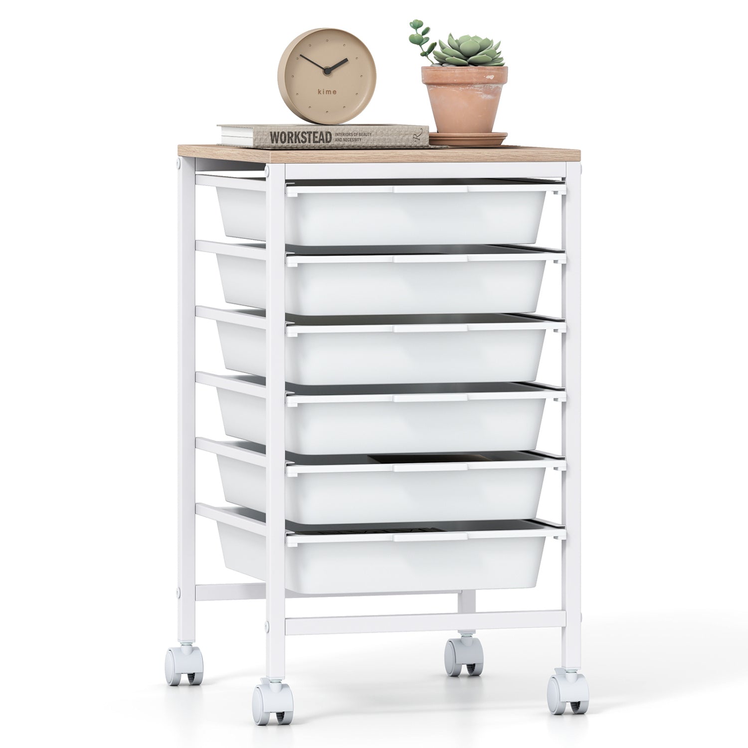 6-Drawer Rolling Storage Cart with Wooden Tabletop