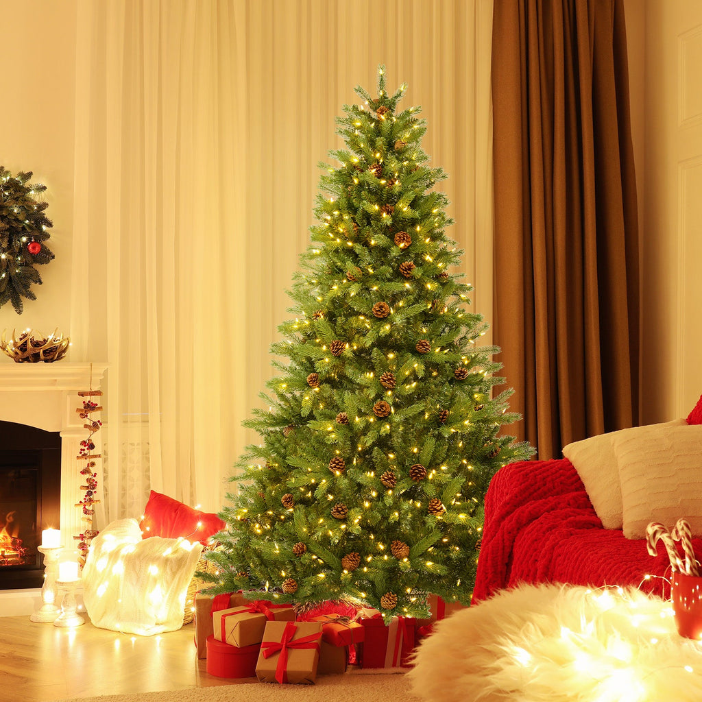 6/7 FT Artificial Christmas Tree with Pine Cones and Adjustable Brightness
