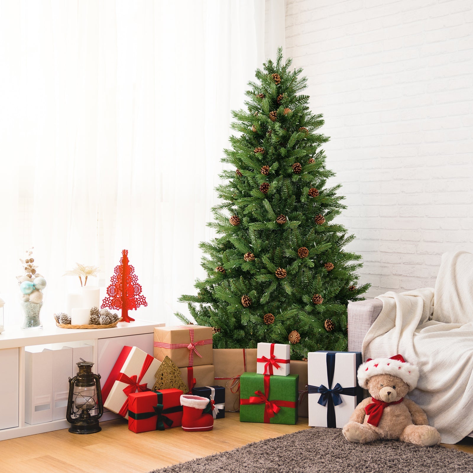 6/7 FT Artificial Christmas Tree with Pine Cones and Adjustable Brightness