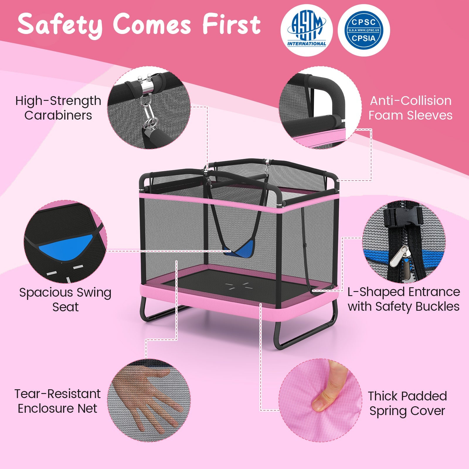 6 FT Kids Trampoline with Swing and Horizontal Bar Small Rectangle Trampoline