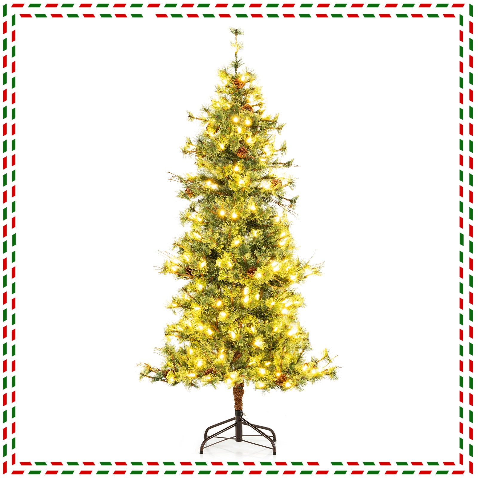 6/7/8 Feet Artificial Christmas Tree Pre-lit Hinged Xmas Tree with Warm White LED Lights and Pine Cones