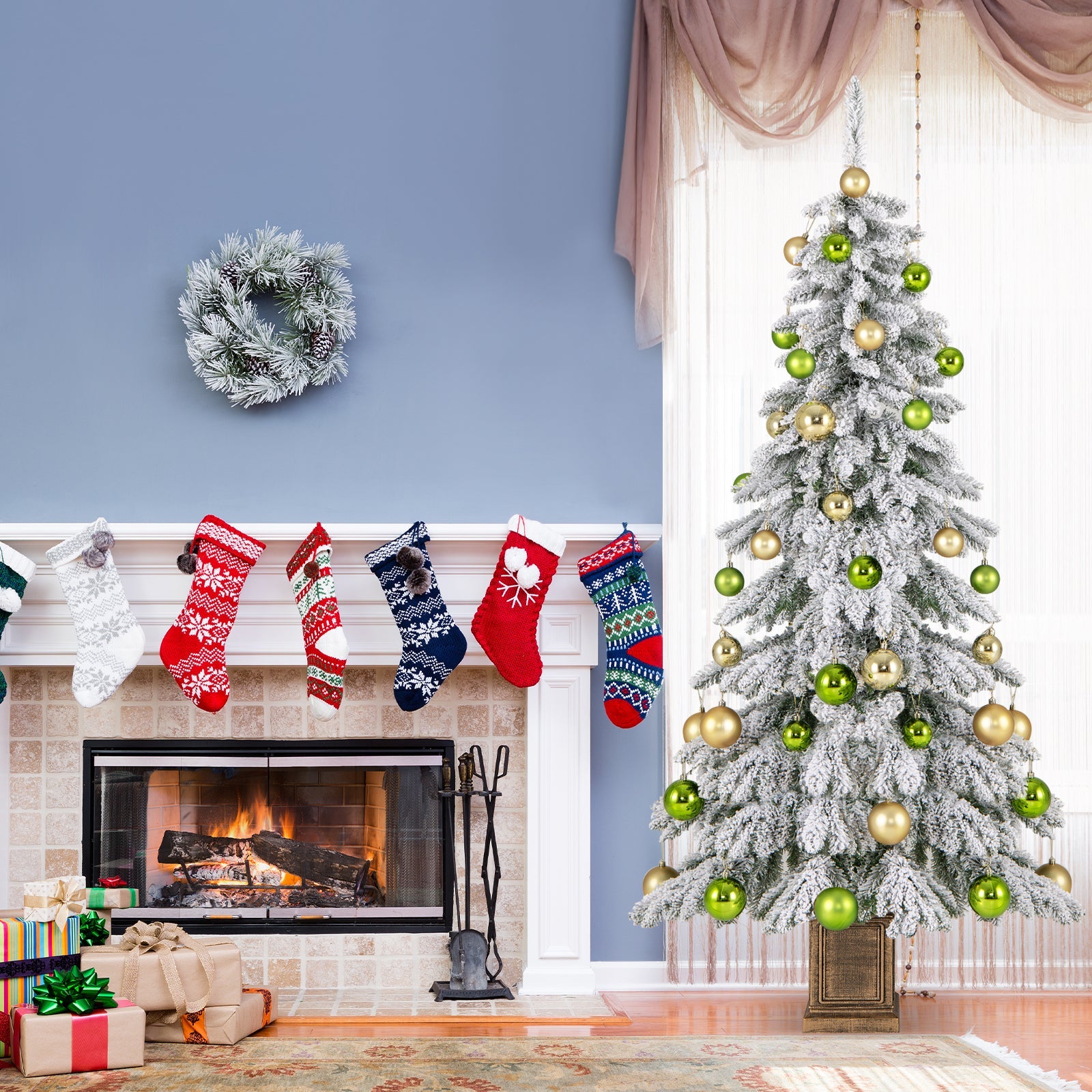 6 Feet Artificial Xmas Tree with 589 Flocked Branch Tips and 48 Xmas Balls