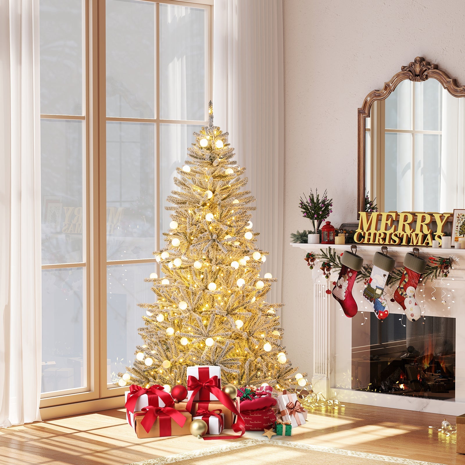 6 Feet Snow-flocked Artificial Christmas Tree Pre-lit Hinged with 81 Sphere Lights and Remote