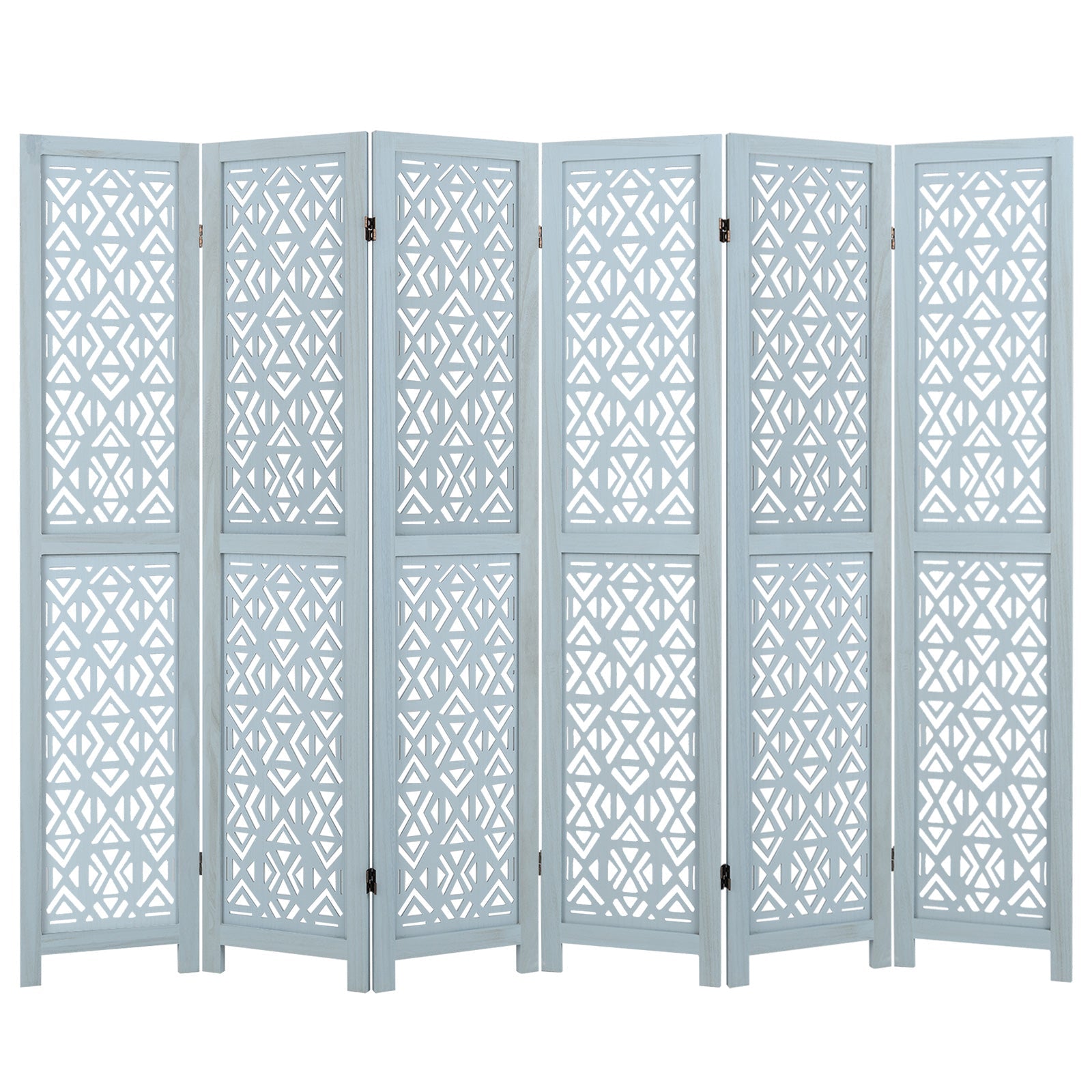 4/6 Panel Wooden Room Divider with Carved Cutout Pattern and Solid Wood Frame