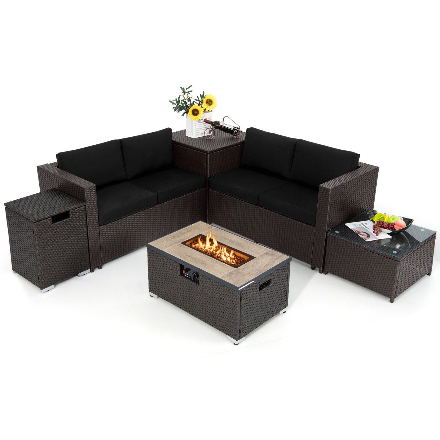 6 Pieces Outdoor Wicker Furniture Set with 32 Inch Propane Fire Pit Table