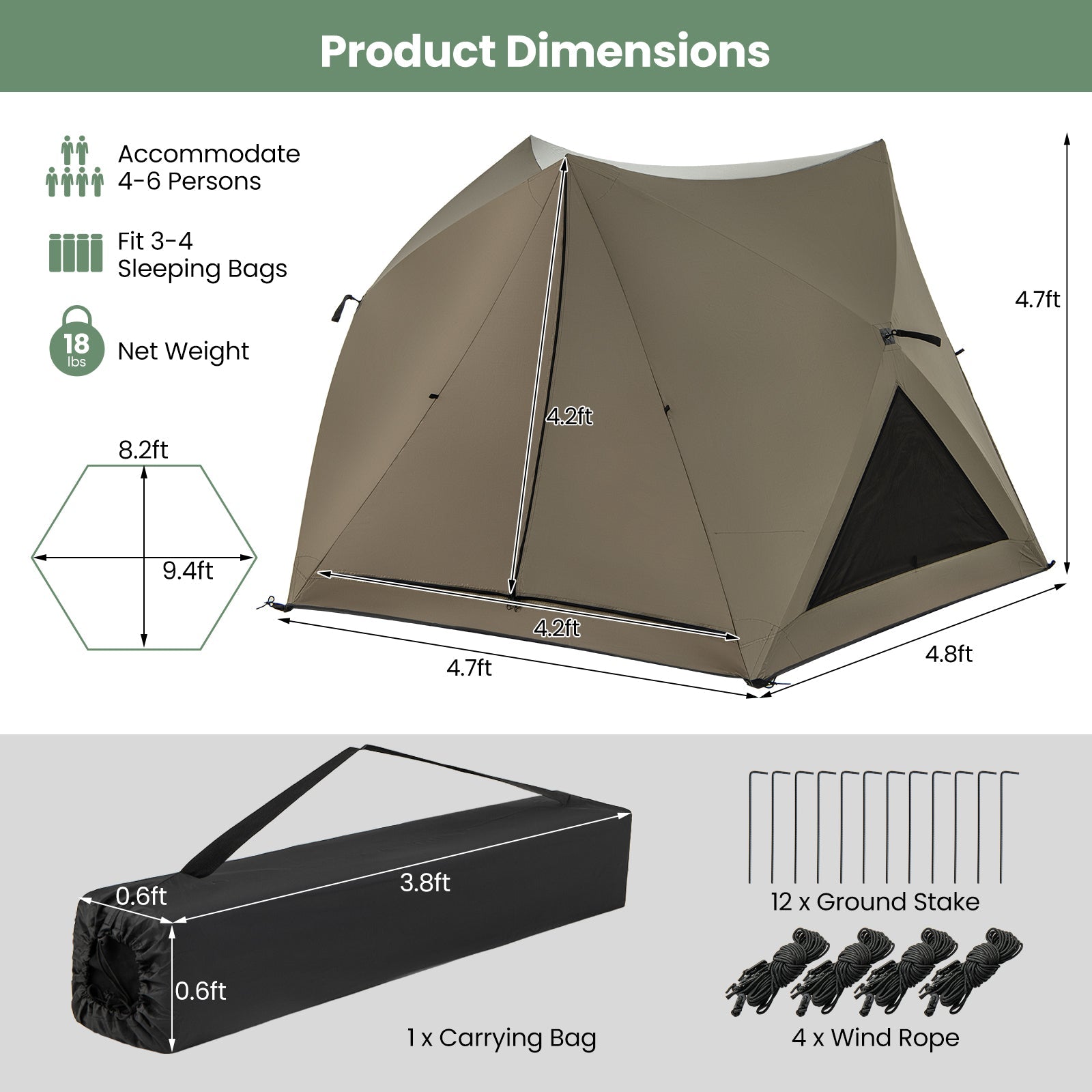 6-Sided Pop-up Family Tent with Rainfly Skylight 3 Doors 3 Windows-Green