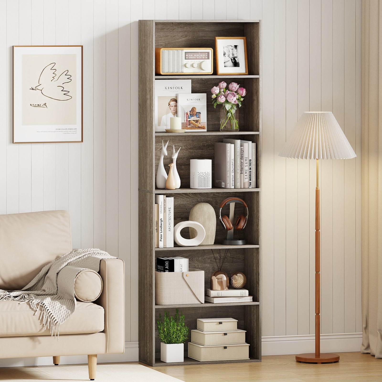 6-Tier Bookcase with 6 Open Shelves and Anti-Toppling Kits