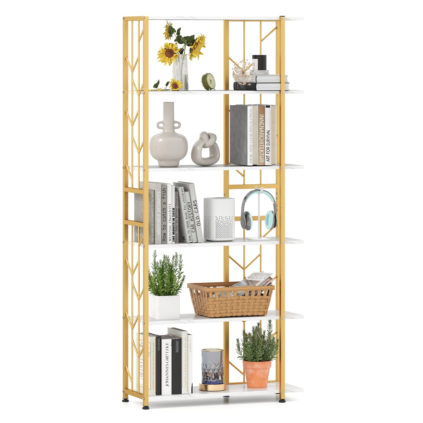 6-Tier Bookshelf Modern Geometric Bookcase with Heavy-duty Metal Frame and Anti-tipping Kits