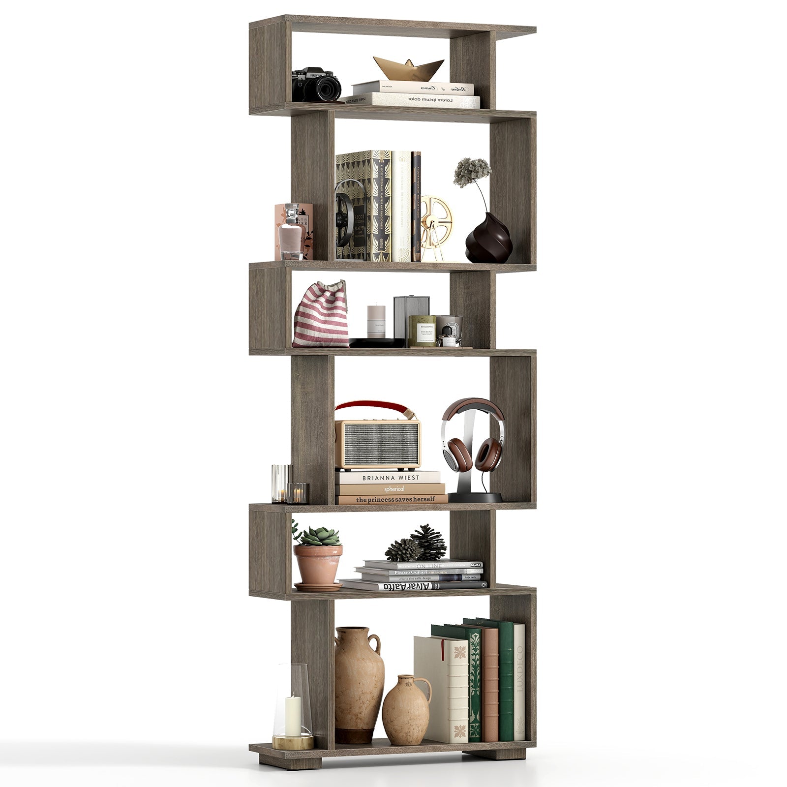 6-Tier Geometric Bookshelf with 2 Anti-Tipping Kits for Home Office