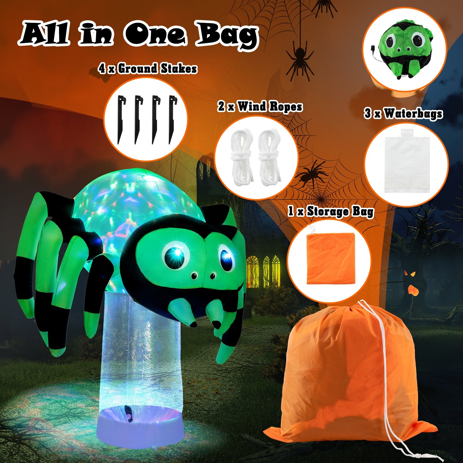 6 Feet Halloween Inflatable Spider with 3 Color Rotating Light
