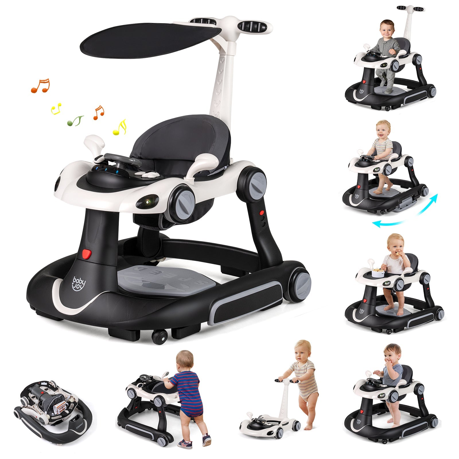 6-in-1 Baby Walker with Canopy Portable Activity Center Bouncer Rocker Combo with Music