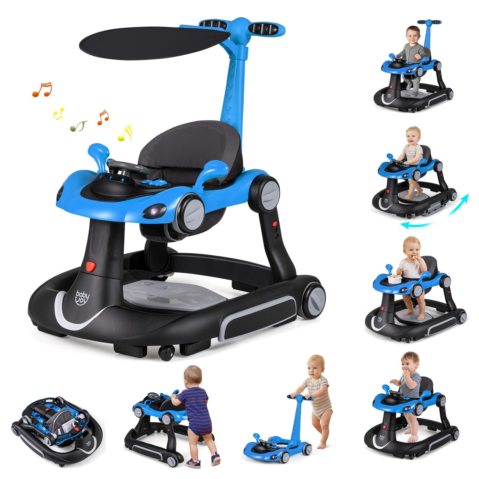 6-in-1 Baby Walker with Canopy Portable Activity Center Bouncer Rocker Combo with Music