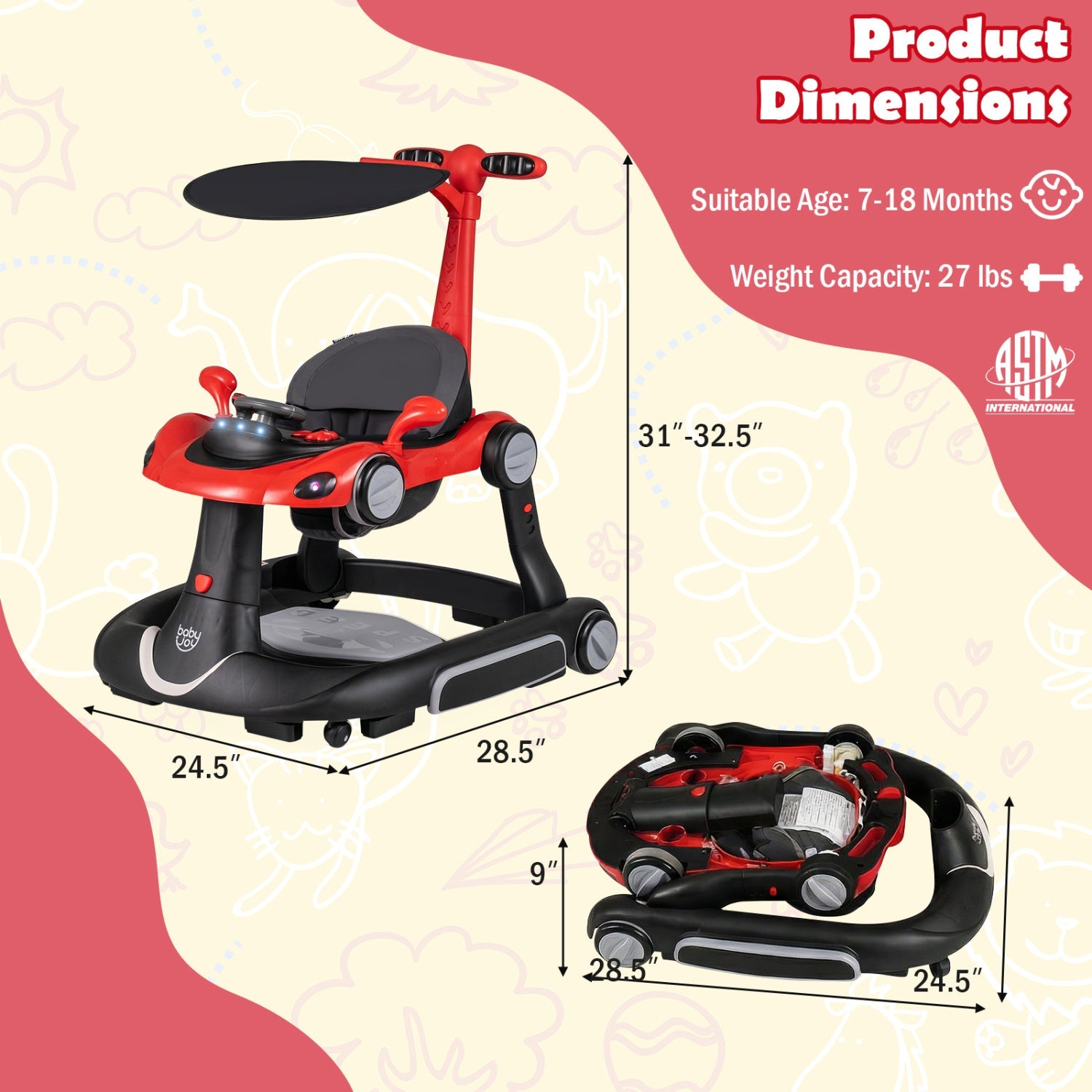 6-in-1 Baby Walker with Canopy Portable Activity Center Bouncer Rocker Combo with Music