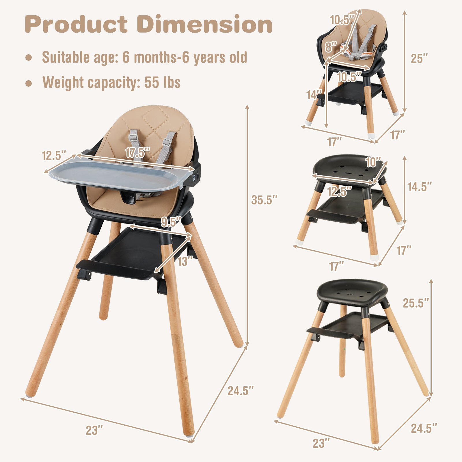 6-in-1 Baby High Chair with Removable Dishwasher and Safe Tray-White