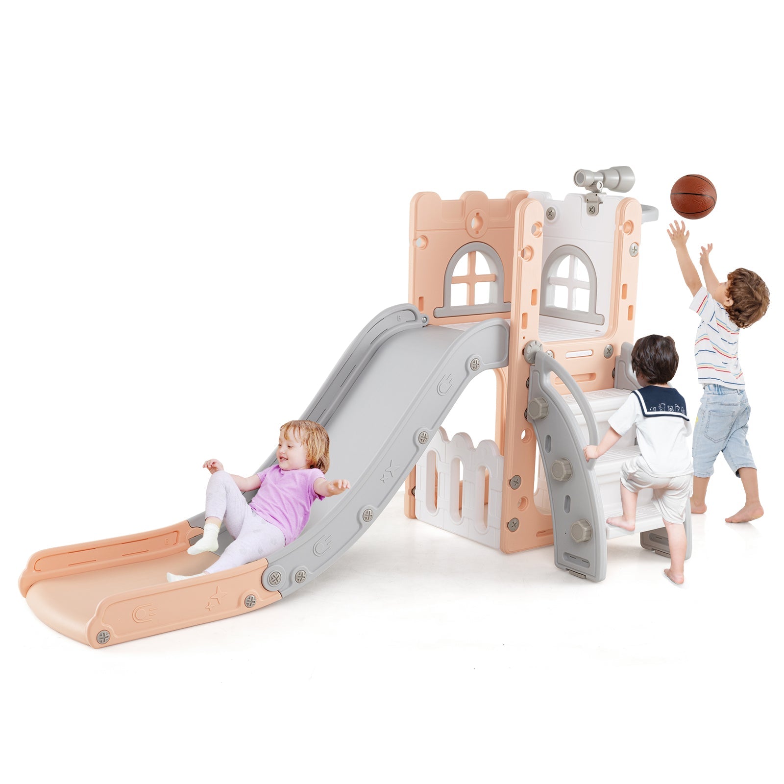 6-in-1 Toddler Slide L-shaped Playground with Basketball Hoop and Ladder