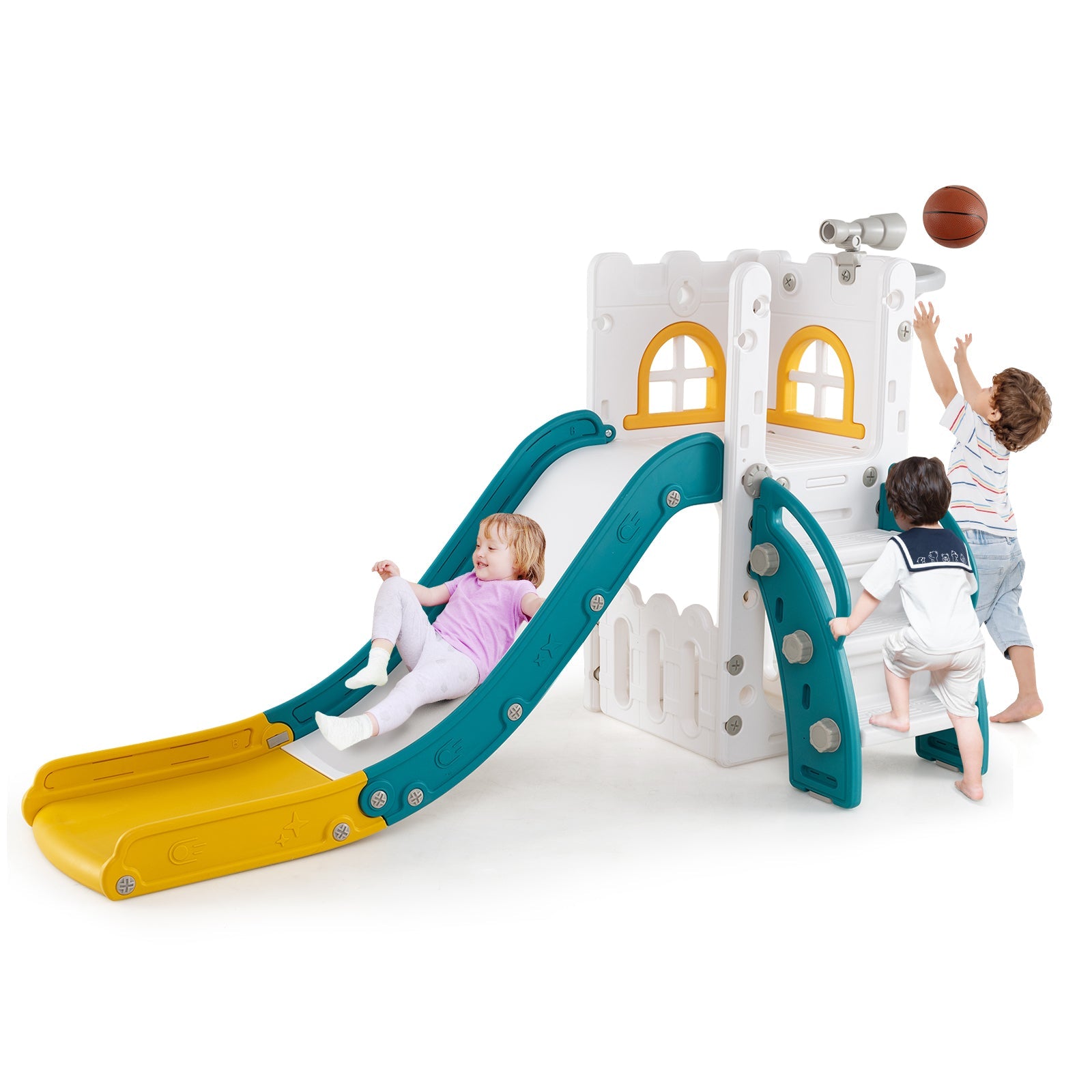 6-in-1 Toddler Slide L-shaped Playground with Basketball Hoop and Ladder
