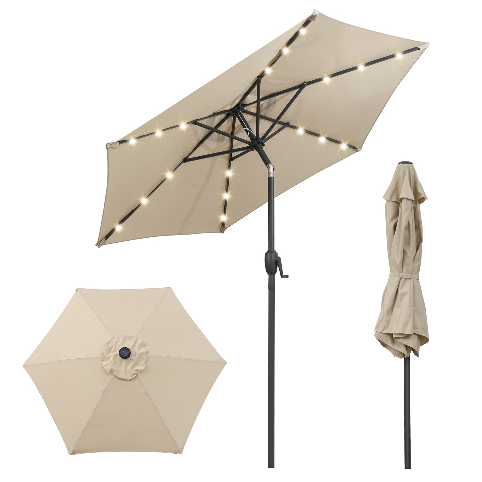 7.5 Feet Solar Powered Patio Umbrella with LED Lights and Crank Handle