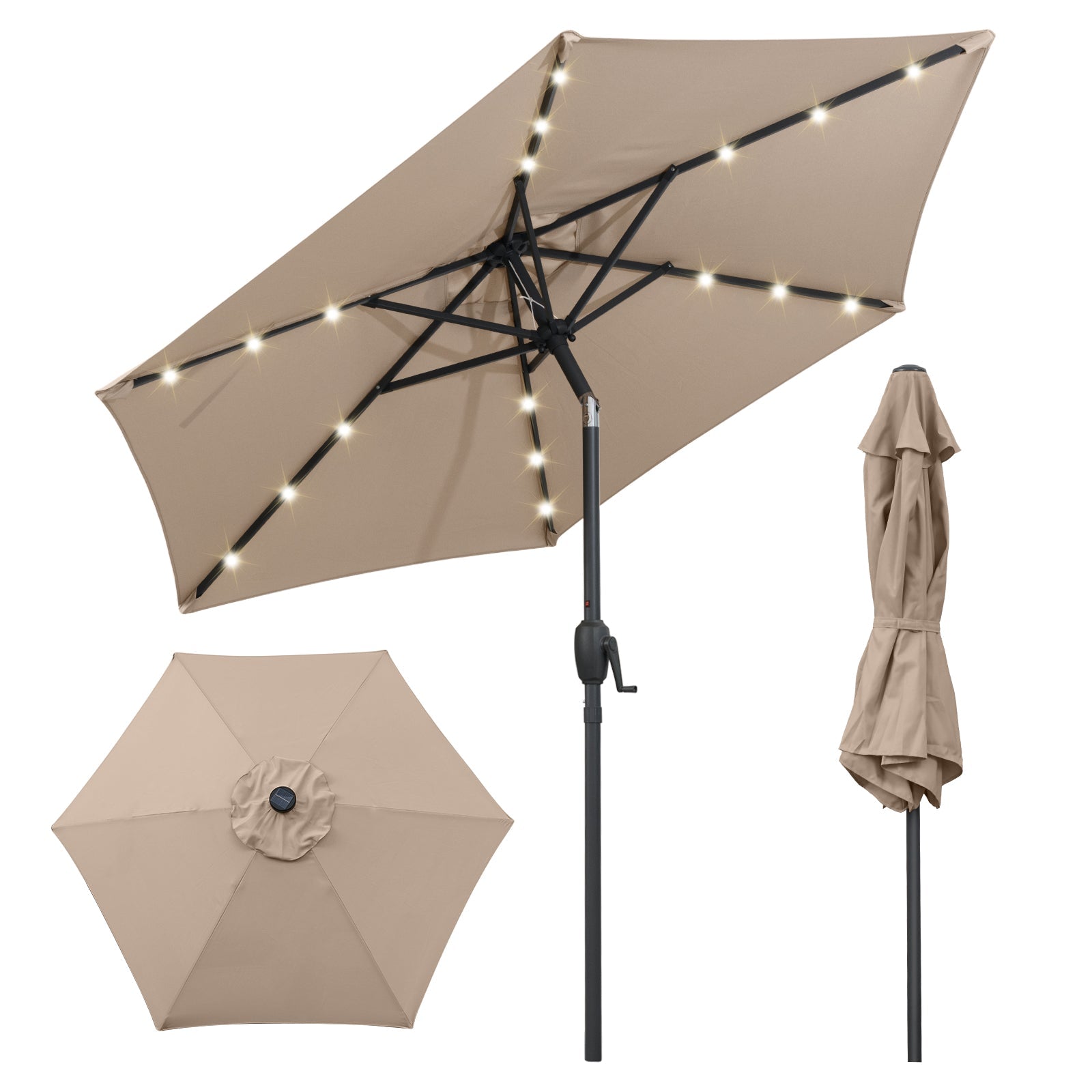 7.5 Feet Solar Powered Patio Umbrella with LED Lights and Crank Handle