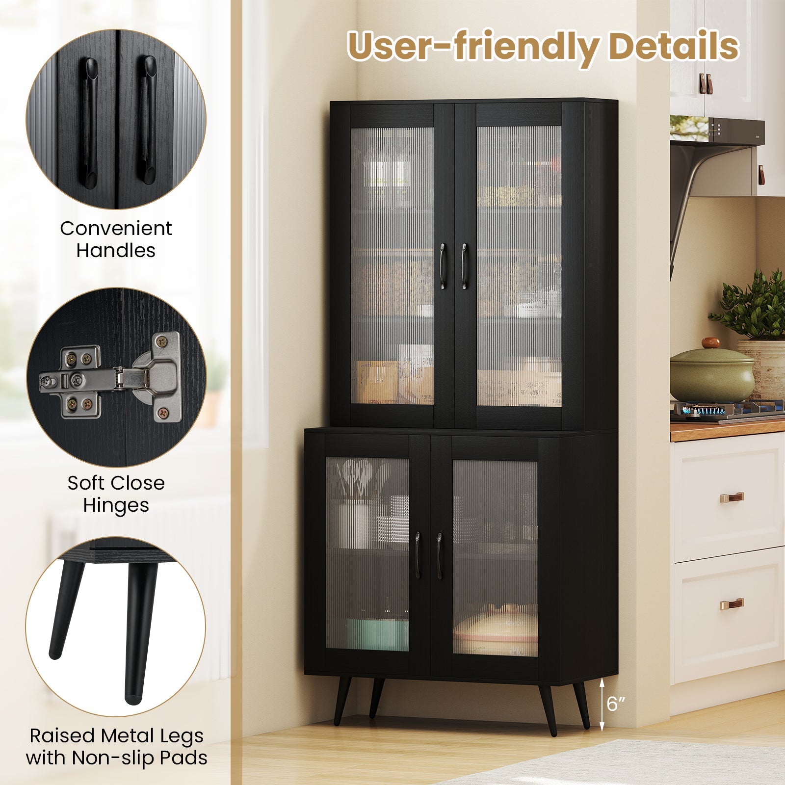 70.5 inch Tall Kitchen Pantry Cabinet Cupboard with 4 Transparent Doors