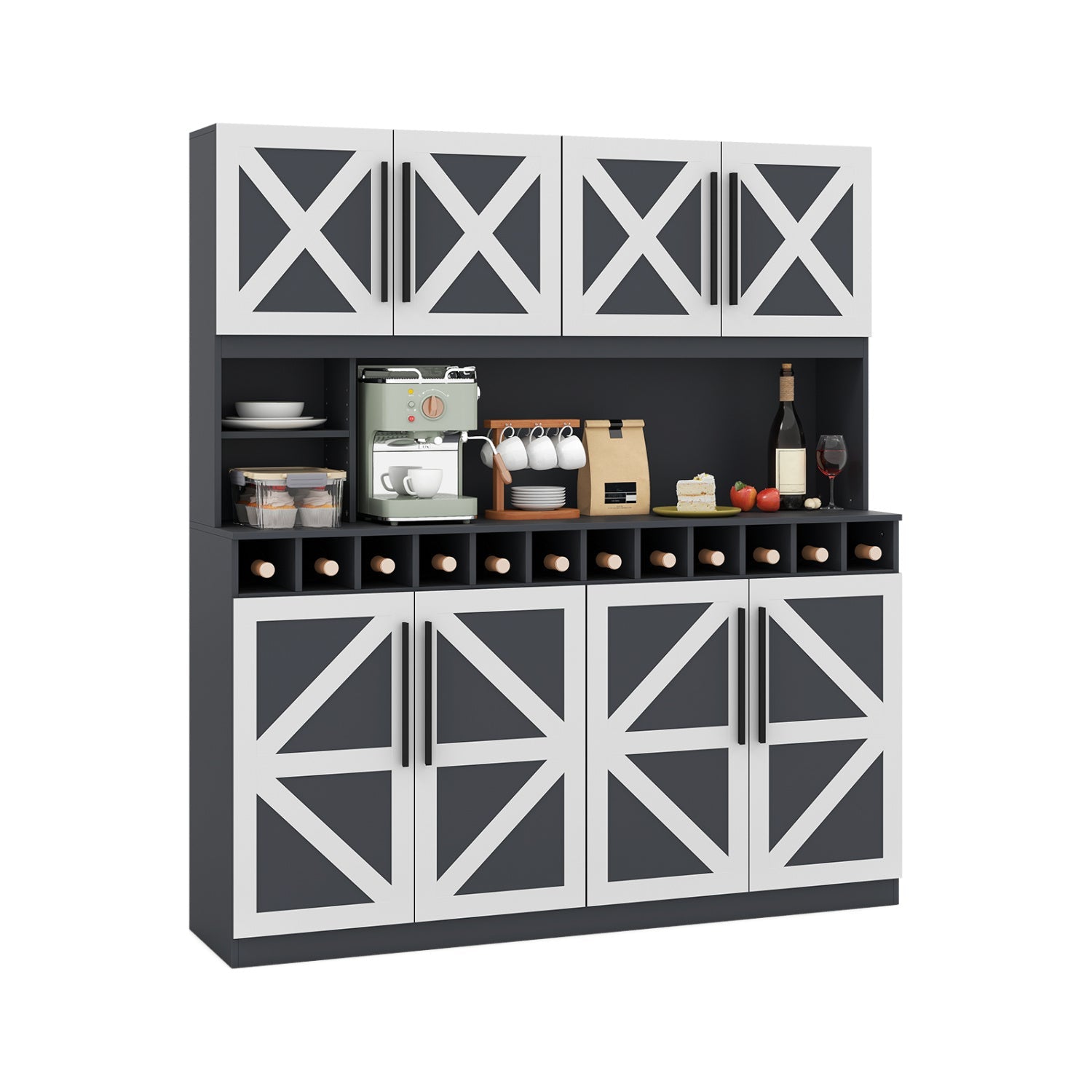 70 Inch Farmhouse Pantry Cabinet Kitchen Buffet Hutch with 4 Cabinets and 2 Open Shelves