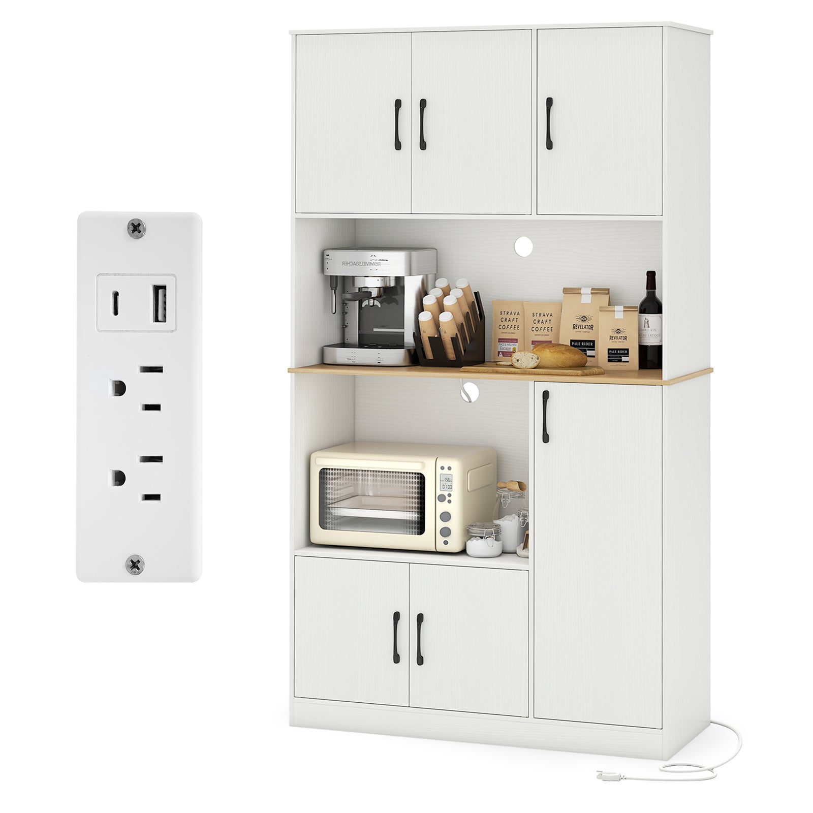 71" Tall Kitchen Pantry Cabinet with Charging Station Wooden Buffet Cupboard Sideboard