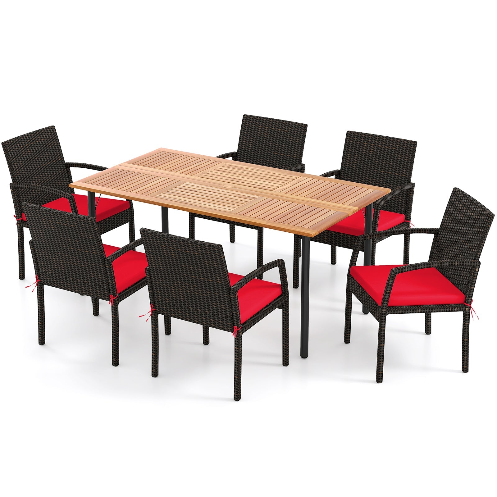 7 Pieces Outdoor Dining Set Acacia Wood Table with Umbrella Hole and Cushions