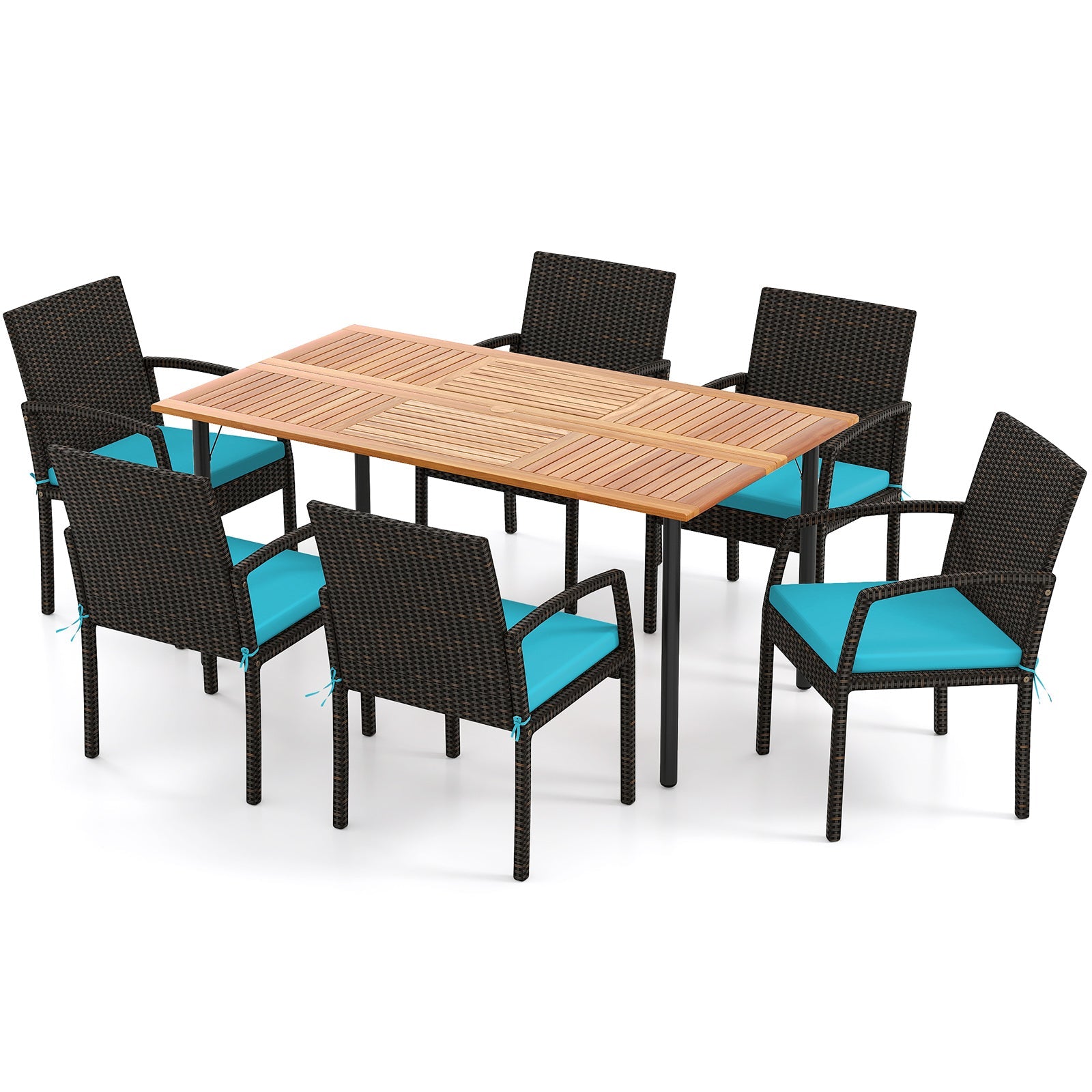 7 Pieces Outdoor Dining Set Acacia Wood Table with Umbrella Hole and Cushions