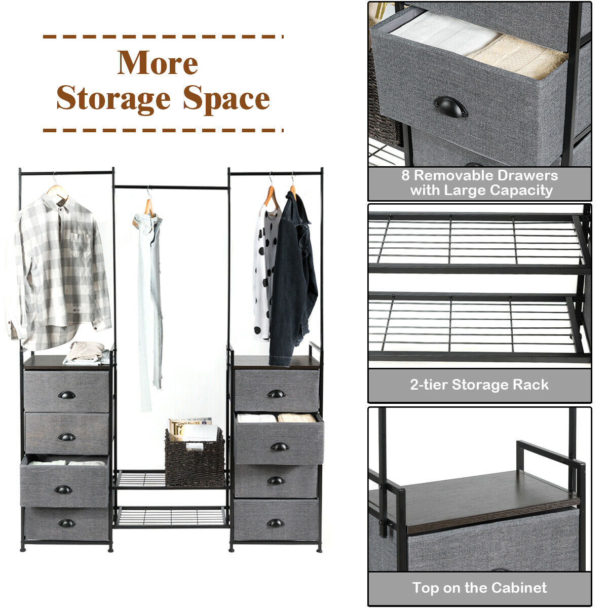 3-in-1 Portable Multifunctional Dresser with 8 Fabric Drawers and Metal Rack
