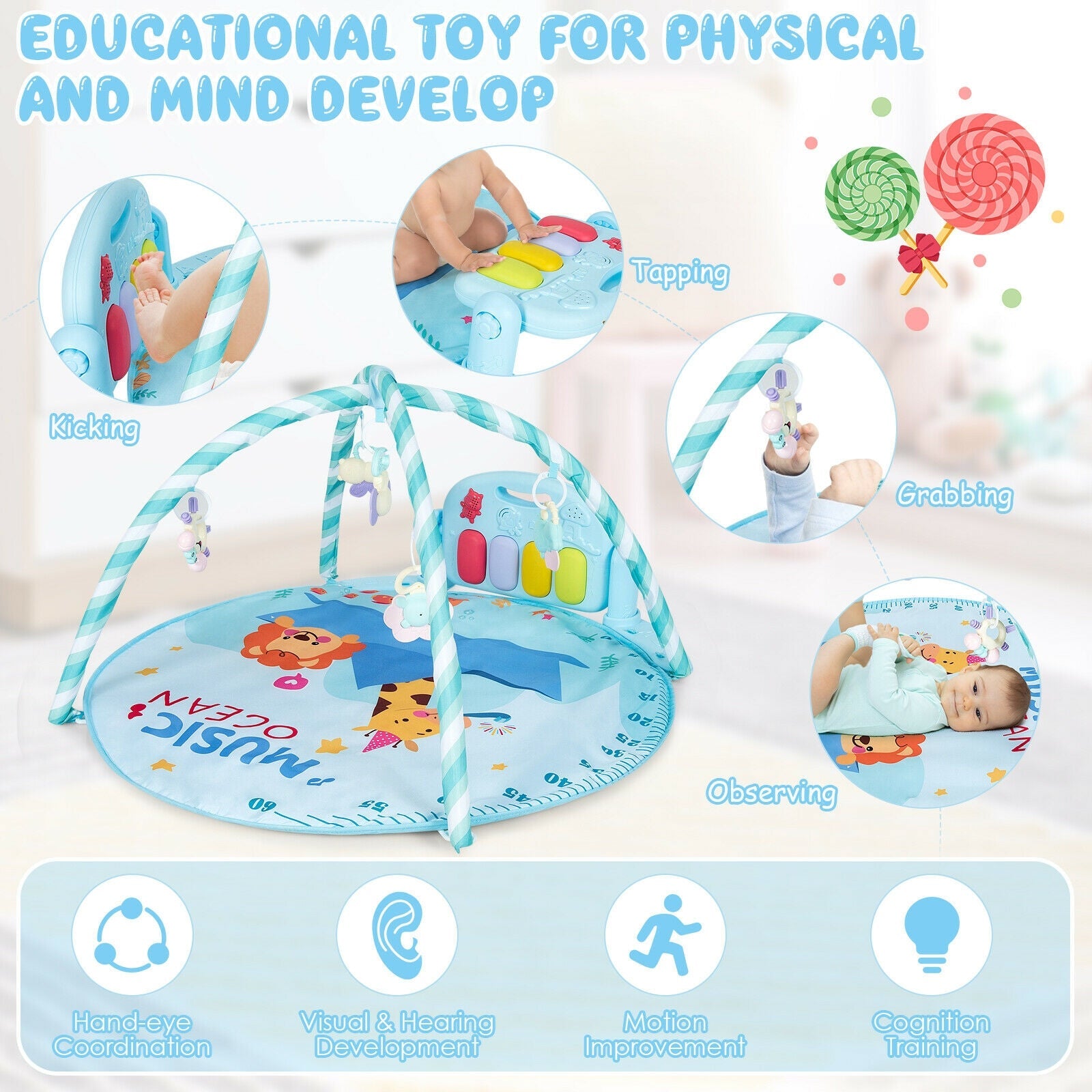Baby Activity Play Piano Gym Mat with 5 Hanging Sensory Toys