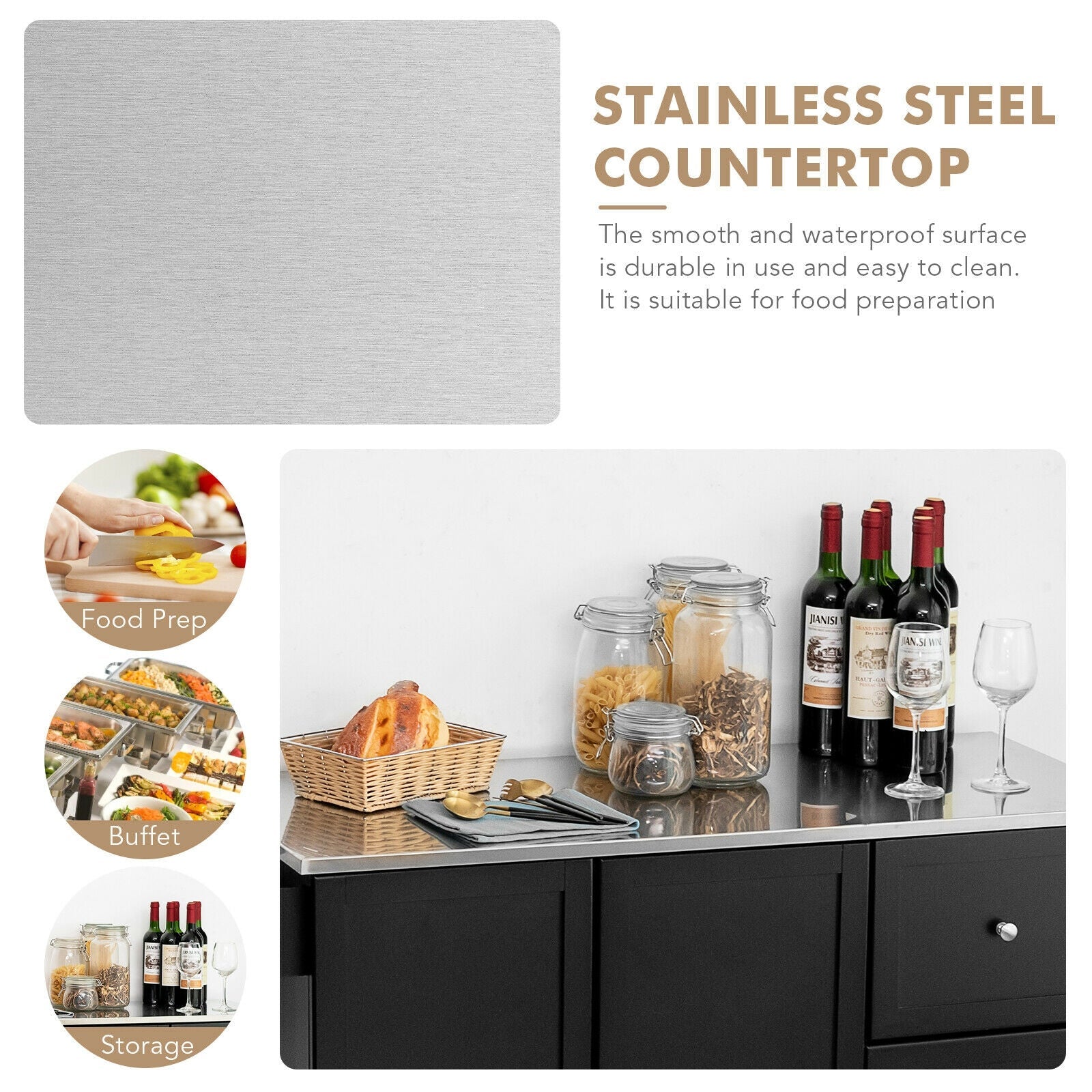 Kitchen Island 2-Door Storage Cabinet with Drawers and Stainless Steel Top
