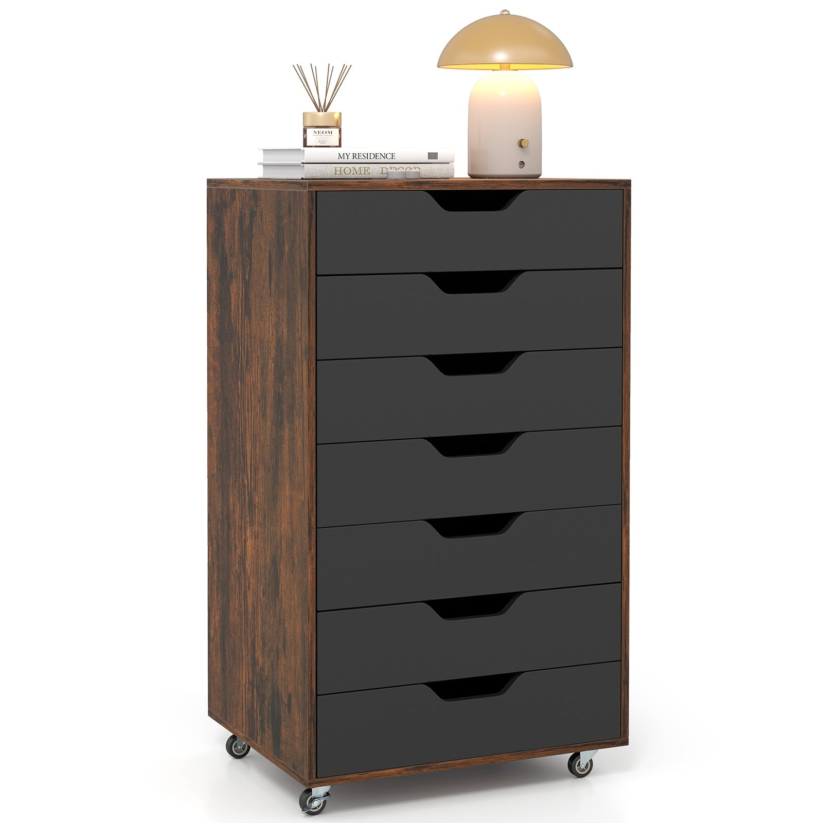 7-Drawer Chest Wooden Storage Dresser with Lockable Wheels