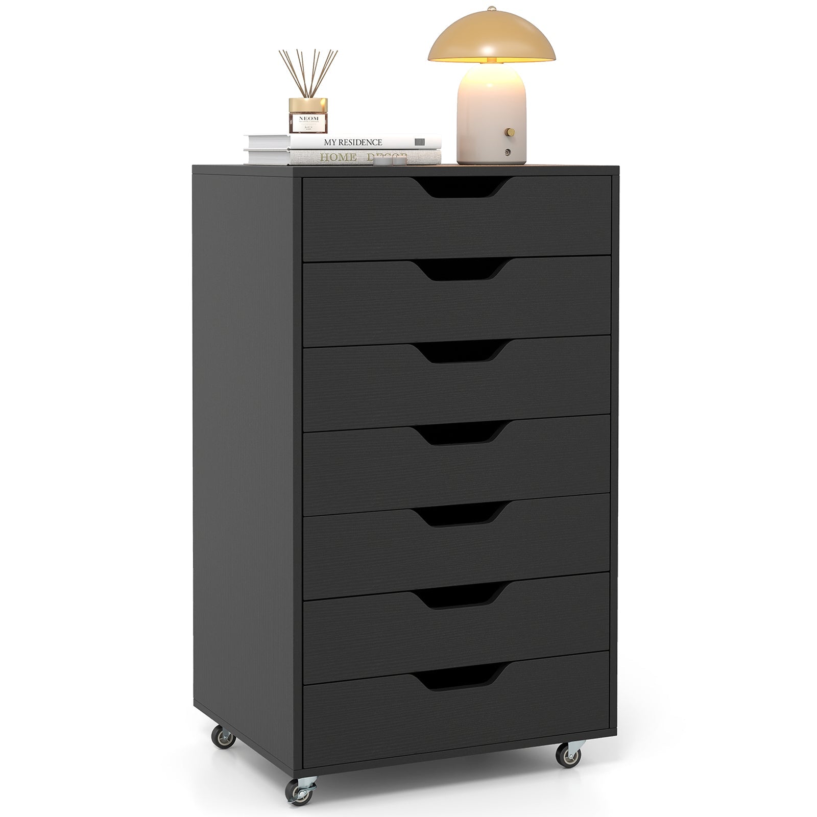7-Drawer Chest Wooden Storage Dresser with Lockable Wheels
