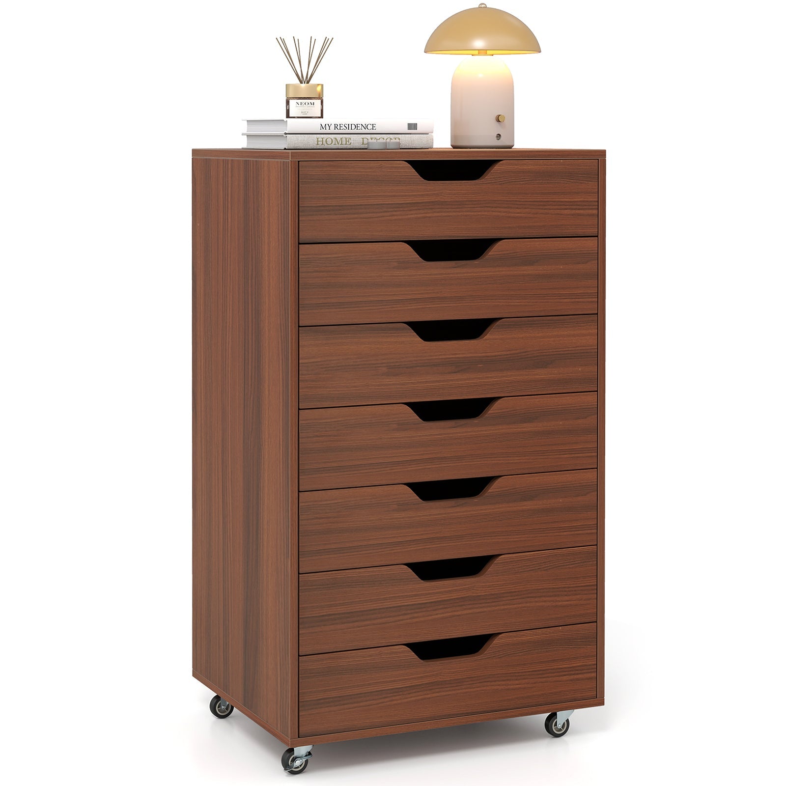 7-Drawer Chest Wooden Storage Dresser with Lockable Wheels