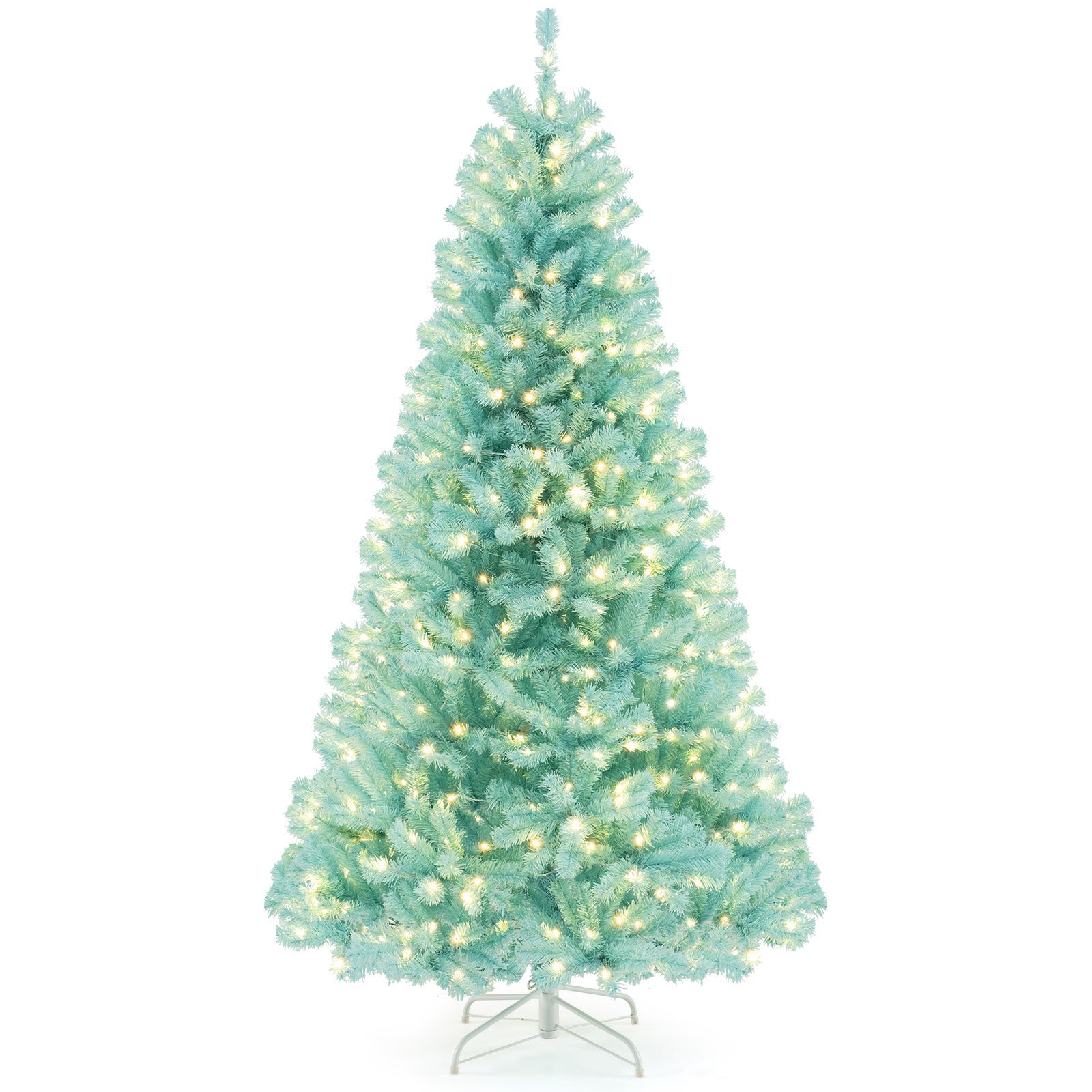 6/7 FT Blue Artificial Christmas Tree with 280/380 Warm White LED Lights and Foldable Metal Stand