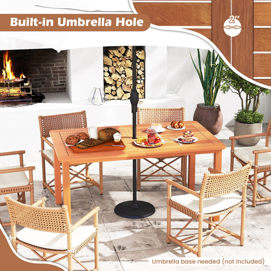 7 Pcs Outdoor Dining Set Teak Oil Finish Slatted Rectangular Dining Table and 6 Armchairs