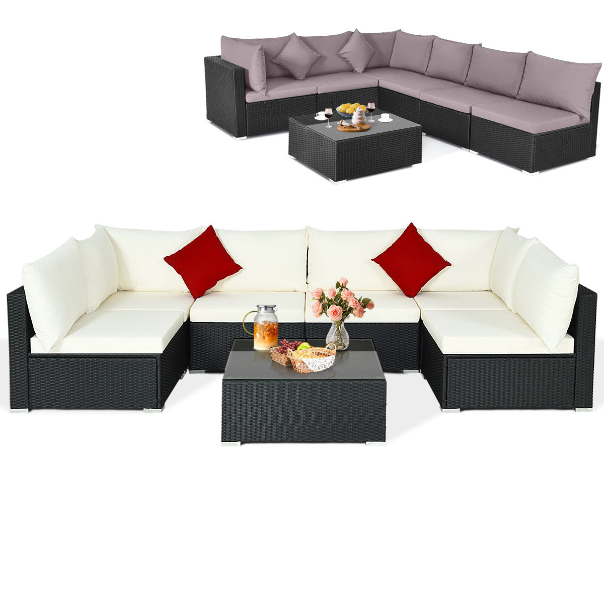 7 Pieces Sectional Wicker Furniture Sofa Set with Tempered Glass Top-Red